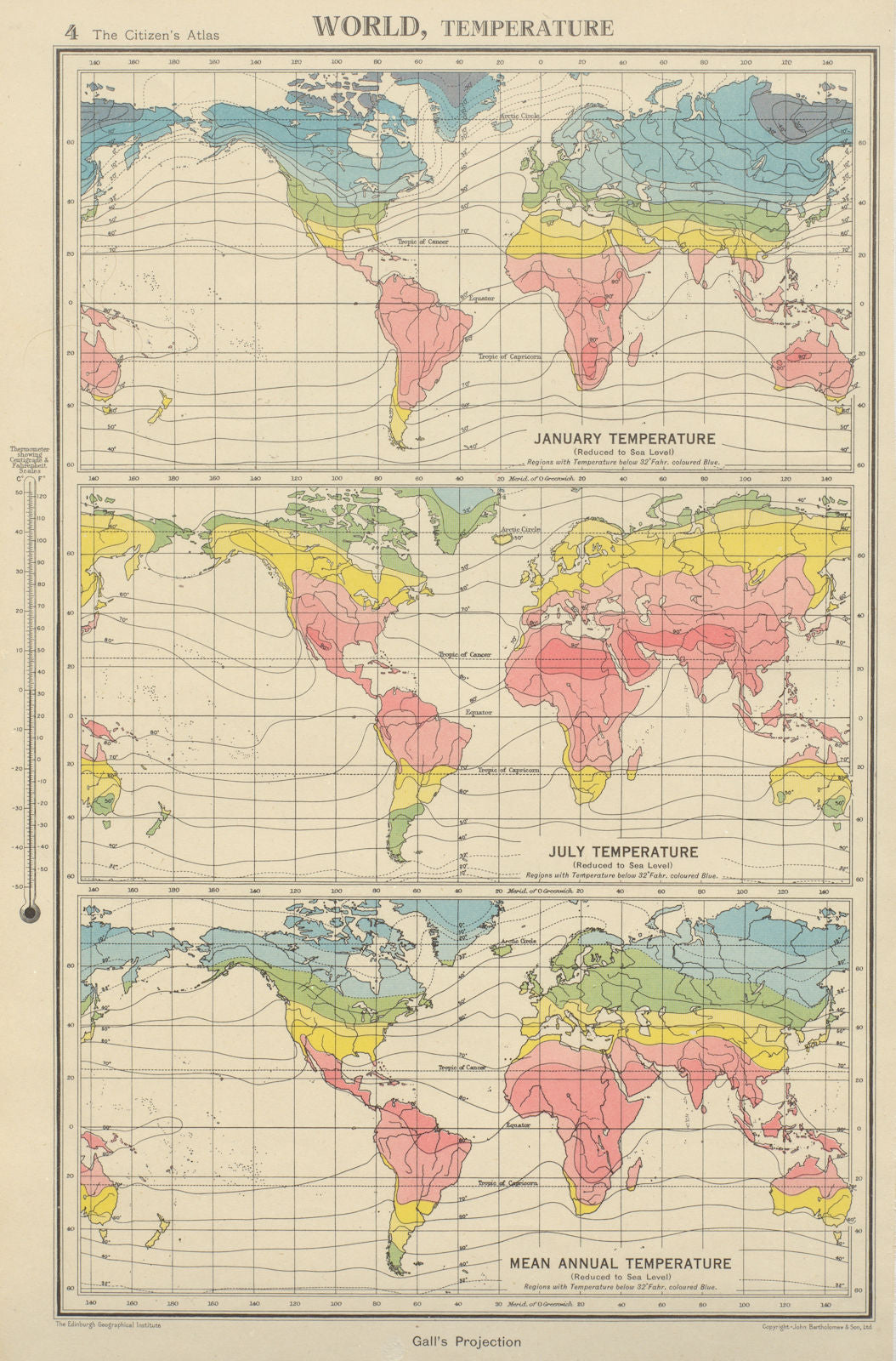 WORLD TEMPERATURE. January July Mean annual. BARTHOLOMEW 1947 old vintage map